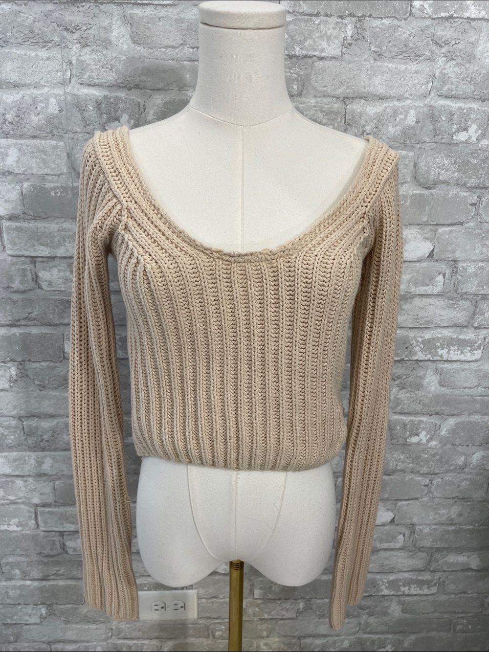 Salty Off-the-Shoulder Ribbed Sweater in Beige